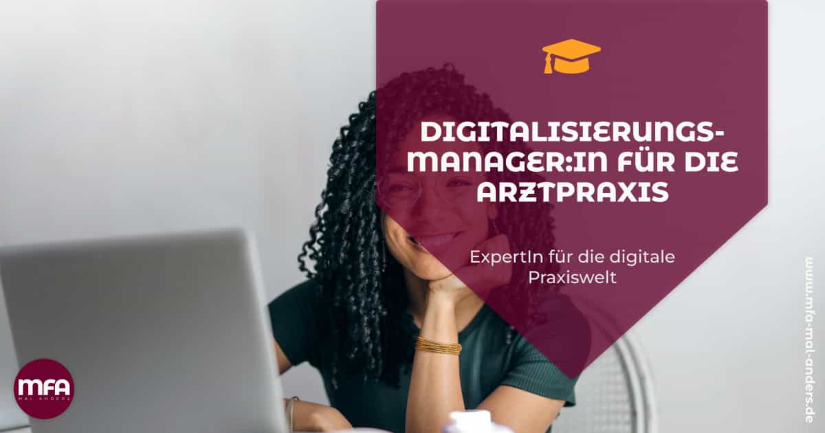 MFA sitzt vor dem Laptop. Sie ist Digitalisierungsmanagerin für die Arztpraxis.