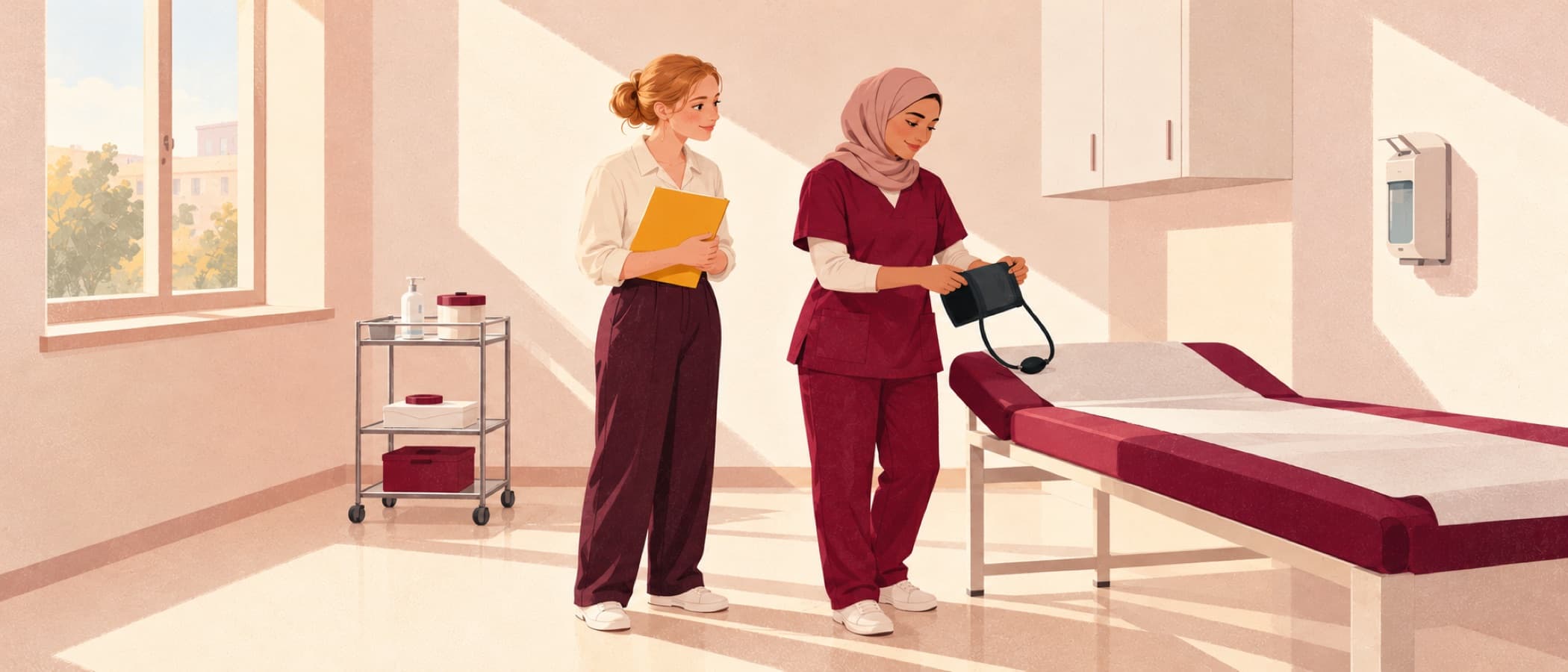 Eine Bewerberin in eigener Kleidung schaut am Probetag zu, wie eine Medizinische Fachangestellte eine Blutdruckmessung vorbereitet