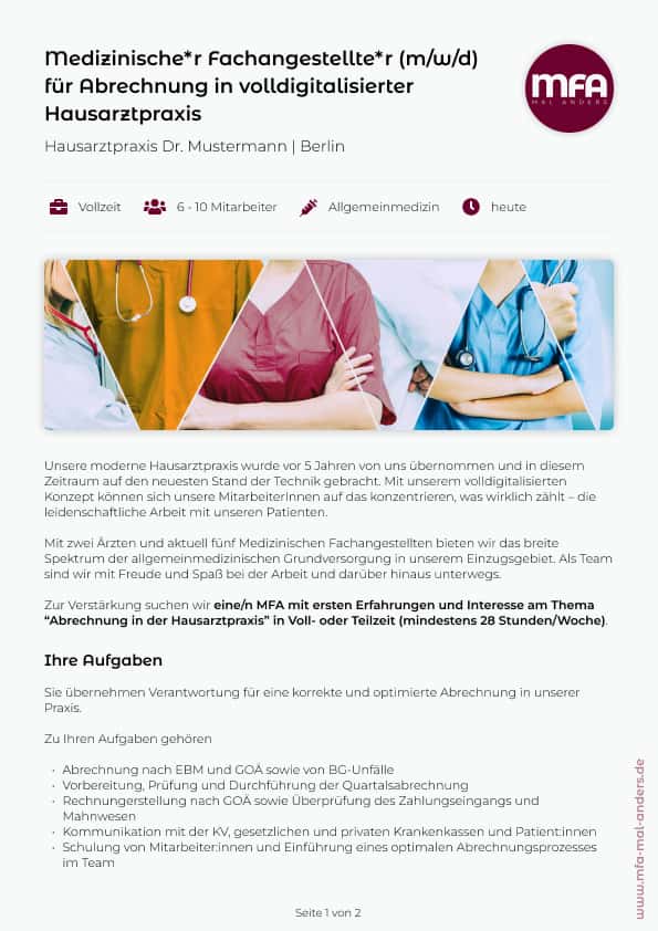 MFA Stellenanzeige Muster – Einleitung, Aufgaben