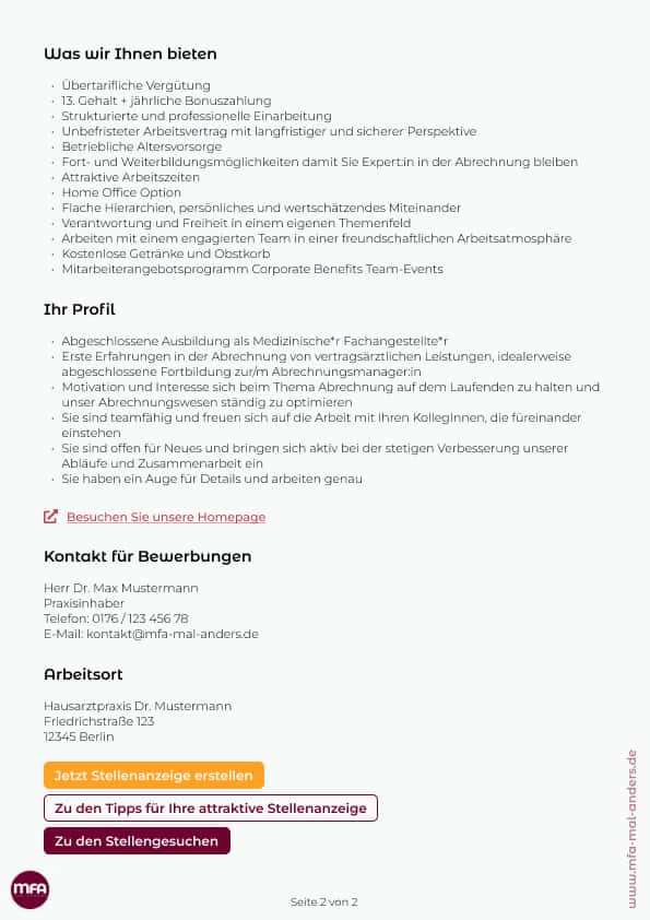 MFA Stellenanzeige Muster – Benefits, Profil, Kontakt, Arbeitsort