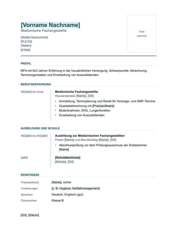 Vorschau: Lebenslauf-Vorlage für MFA
