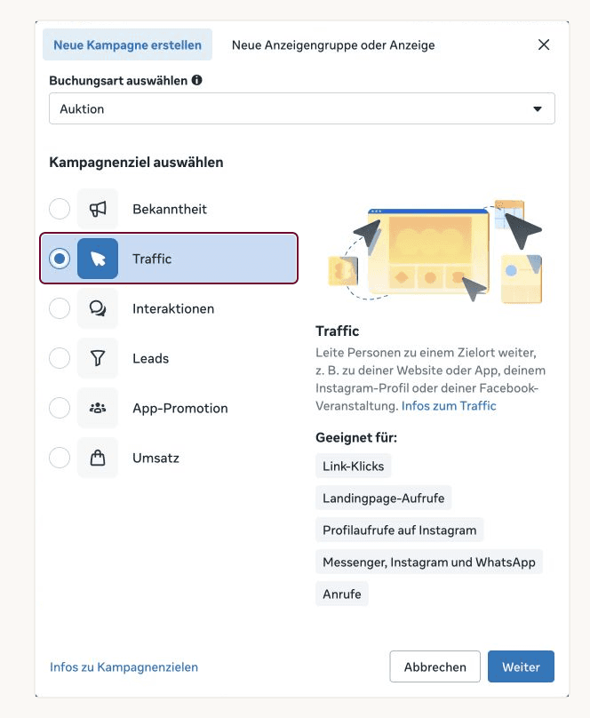 Kampagnenziel Traffic im Meta-Werbeanzeigenmanager ausgewählt.