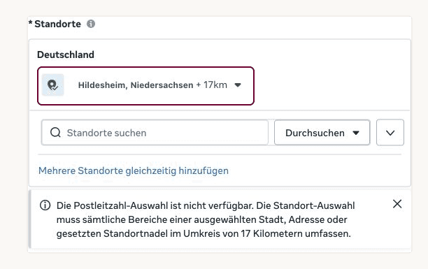Standort Hildesheim mit 17 Kilometern Umkreis im Demo-Entwurf.