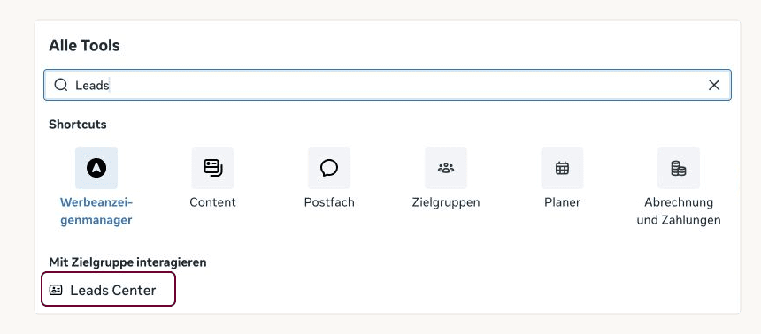 Leads Center im Menü Alle Tools nach Suche nach Leads markiert.