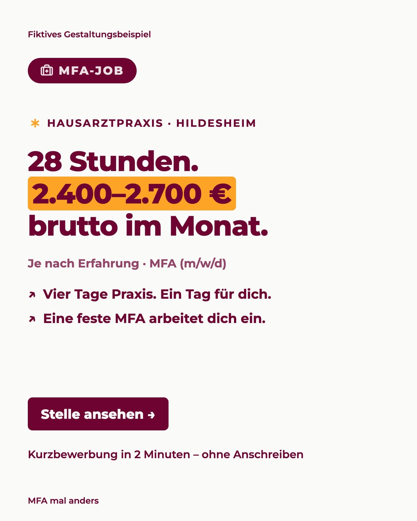 Fiktive MFA-Stellenkarte für Hildesheim: 2.400 bis 2.700 Euro brutto im Monat bei 28 Wochenstunden, je nach Erfahrung. Vier-Tage-Woche und feste MFA zur Einarbeitung.