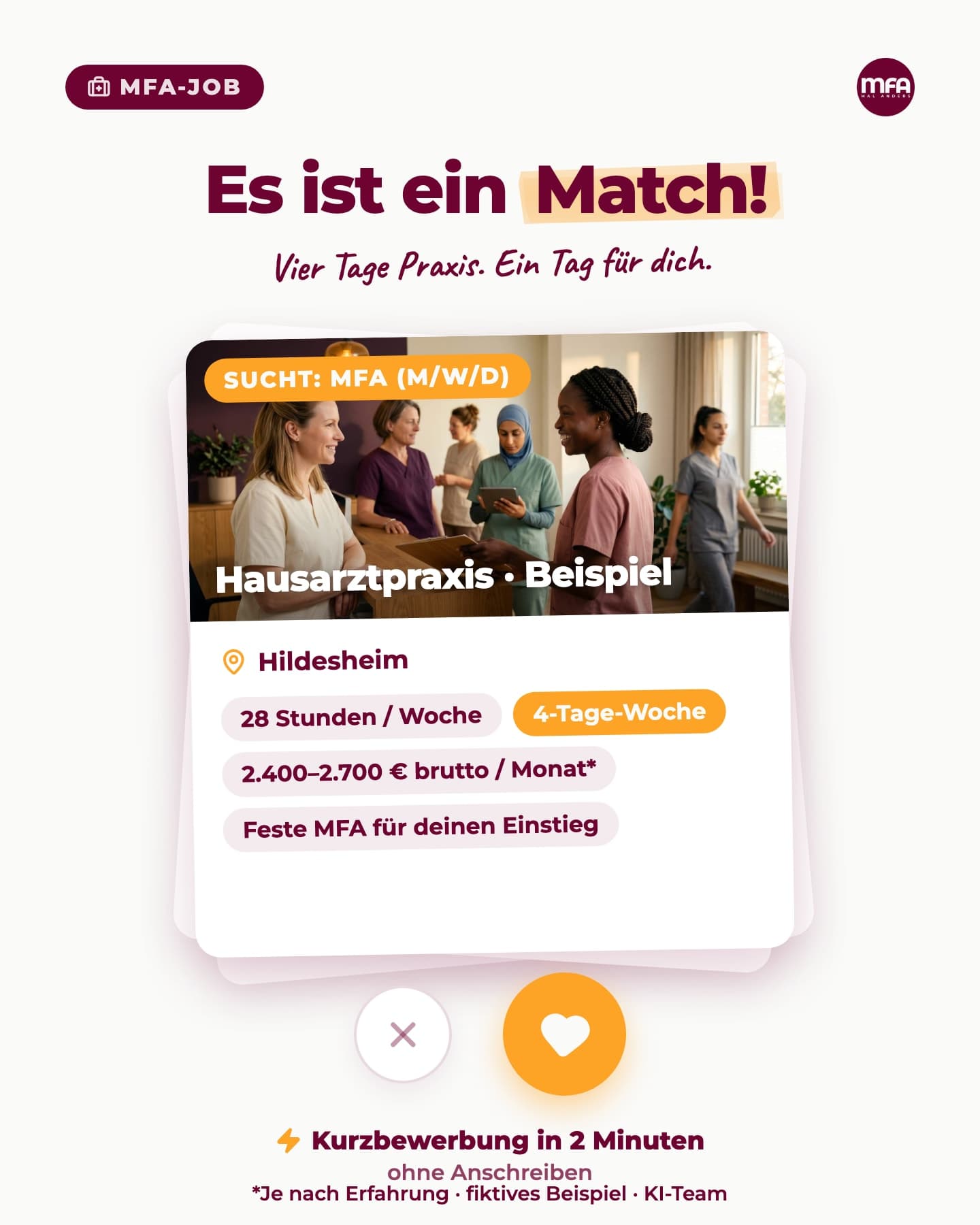 Fiktive MFA-Anzeige im Dating-App-Stil: Es ist ein Match. Hildesheim, 28 Stunden an vier Tagen, 2.400 bis 2.700 Euro brutto im Monat je nach Erfahrung und feste MFA für die Einarbeitung.