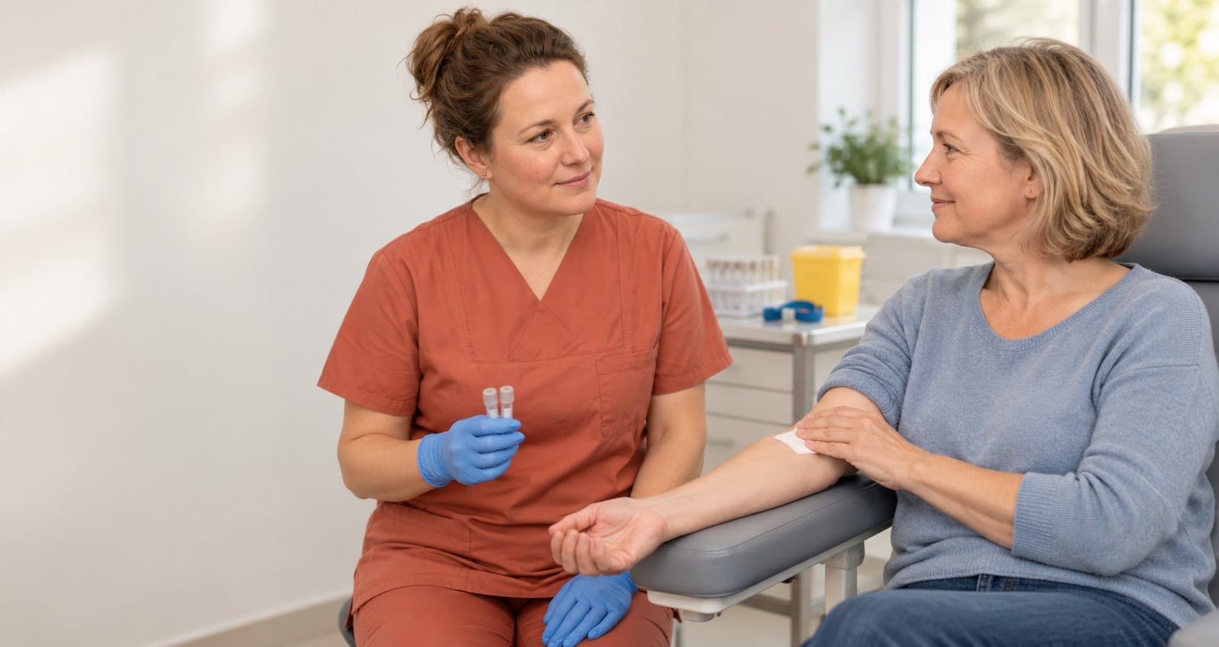 MFA mit Handschuhen sitzt neben einer Patientin, die nach der Blutentnahme mit gestrecktem Arm einen Tupfer in die Ellenbeuge drückt