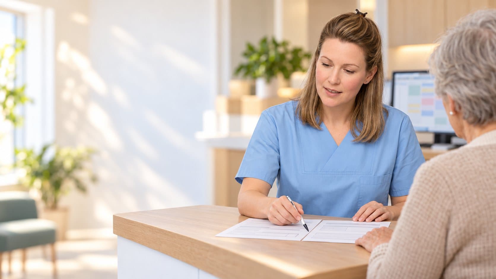 Eine MFA in blauem Kasack geht am Praxistresen mit einer älteren Patientin ein Formular durch