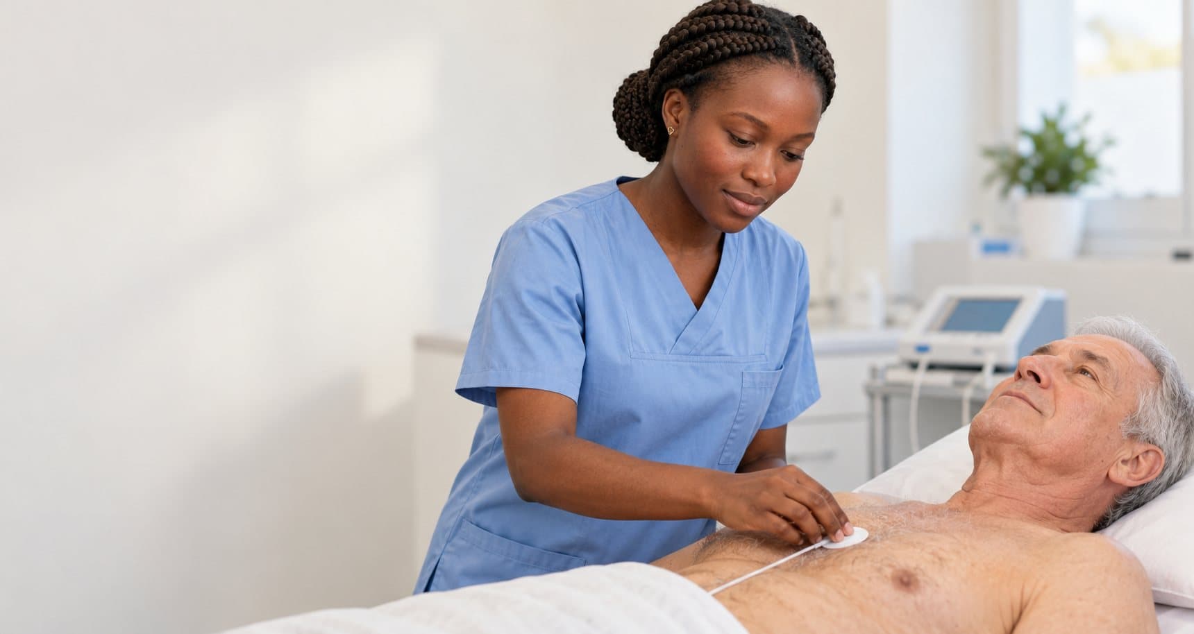 MFA klebt einem liegenden älteren Patienten in der Arztpraxis eine EKG-Elektrode auf die Brust
