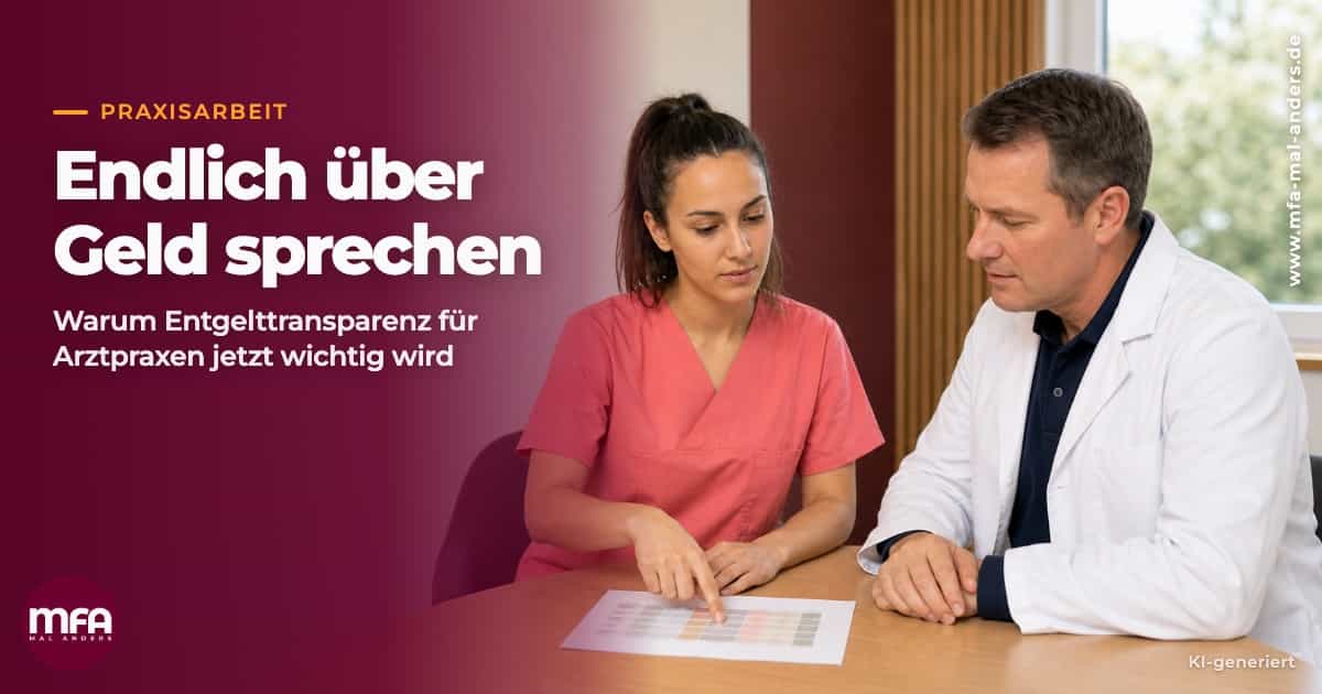 Eine MFA und ein Arzt besprechen Gehaltsstrukturen und Entgelttransparenz in der Praxis