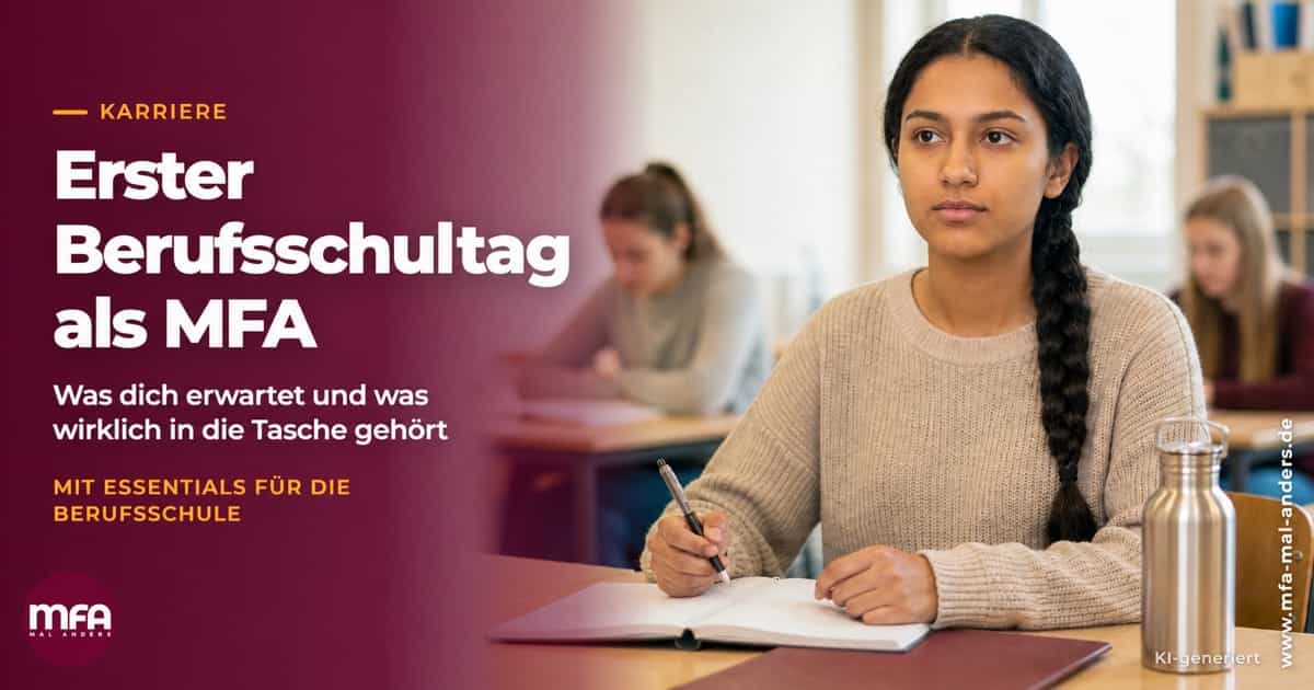 MFA-Auszubildende sitzt am ersten Berufsschultag mit Notizblock und Unterlagen im Klassenraum.
