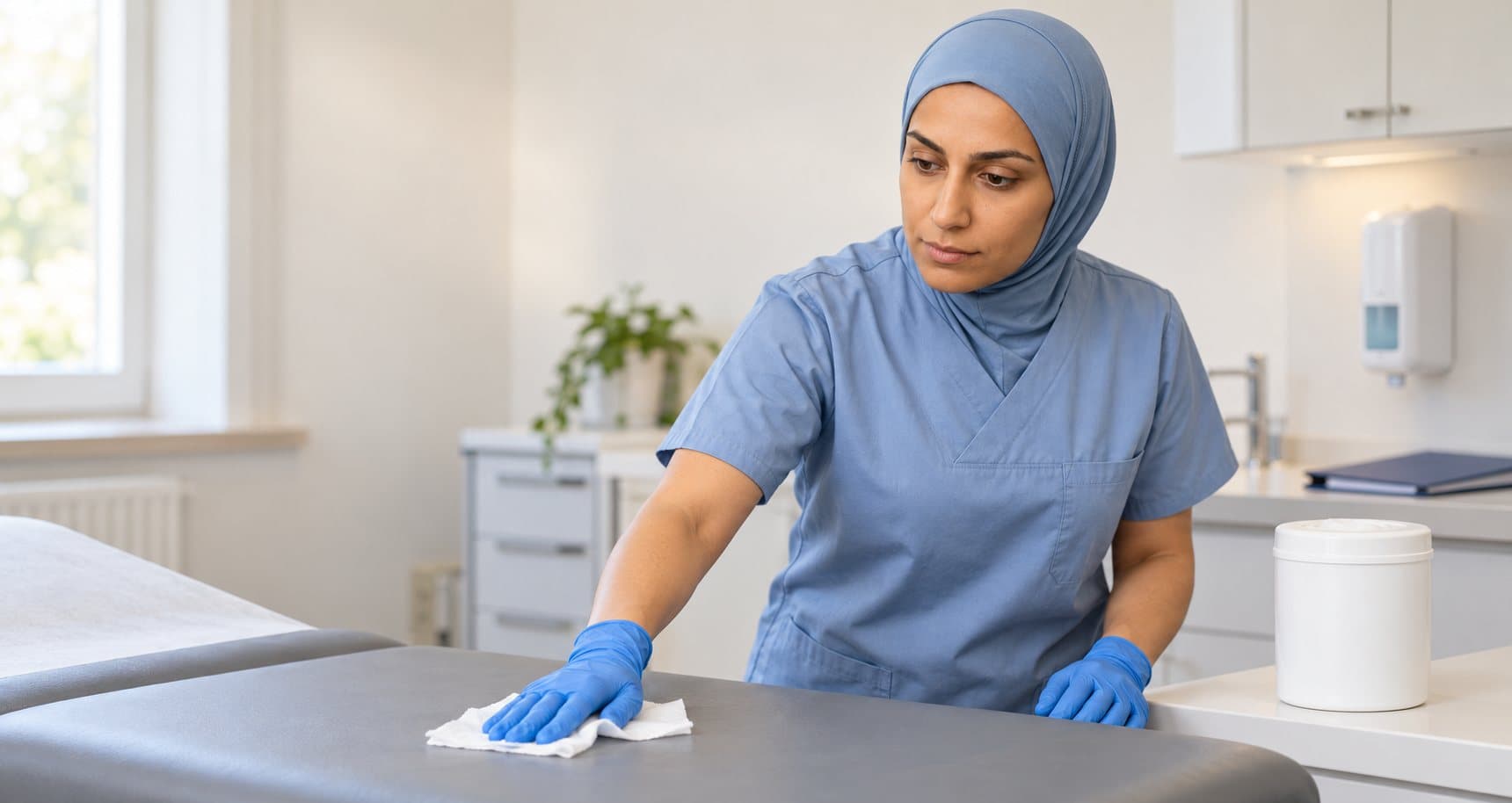 MFA mit Handschuhen wischt in der Arztpraxis eine Untersuchungsliege mit einem Desinfektionstuch ab