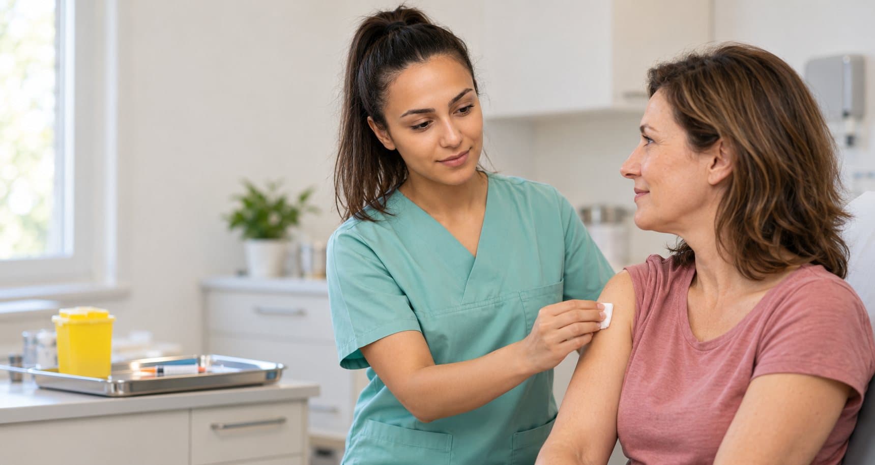 MFA desinfiziert einer sitzenden Patientin vor einer Impfung die Haut am Oberarm