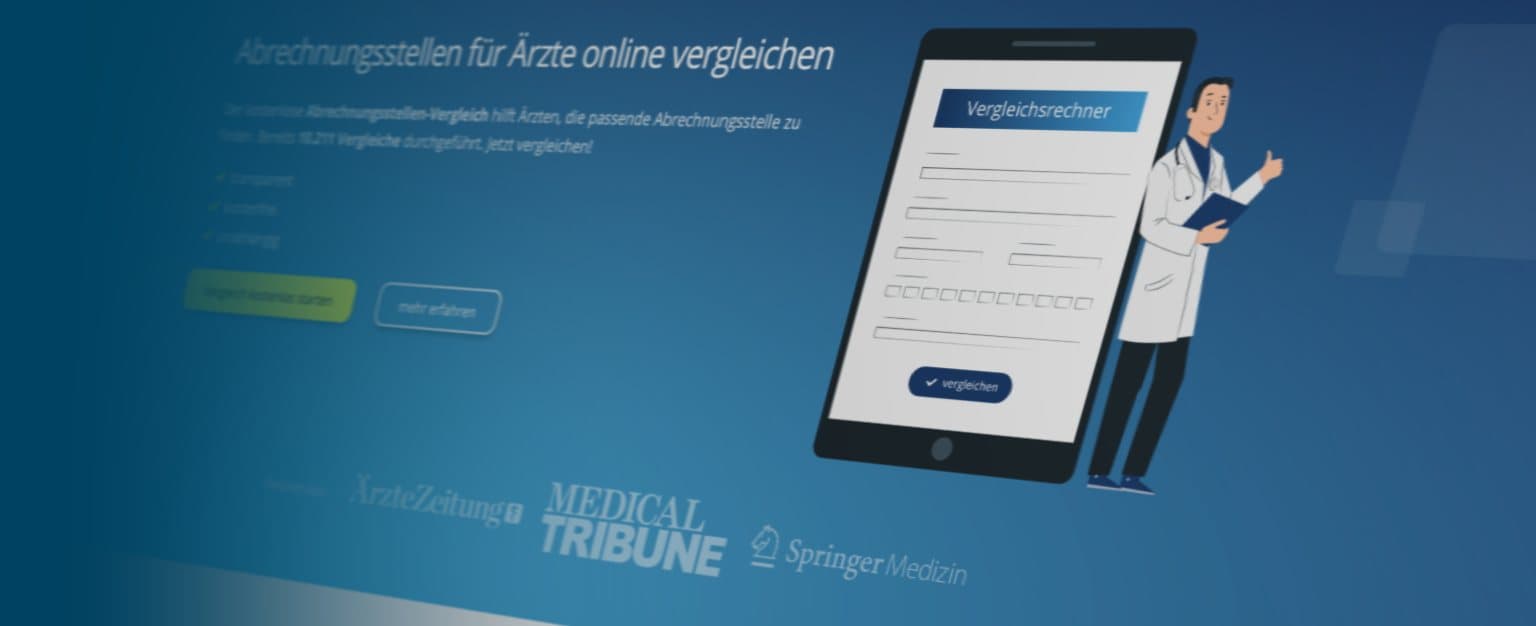 Website von abrechnungsstelle.com mit Vergleichsrechner und illustriertem Arzt