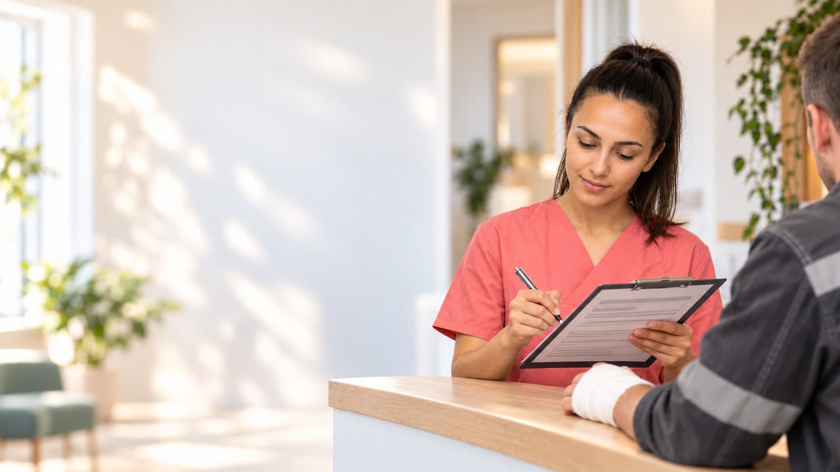 MFA mit Klemmbrett nimmt an der Anmeldung die Angaben eines Patienten in Arbeitsjacke auf, dessen Hand verbunden ist